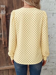 SHEIN 復古優雅棕色與白色波點女款長袖襯衫，柔軟針織圓領泡泡肩，彈性早午餐秋季穿搭 - 彩色 - 查看 2