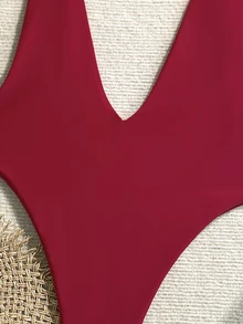 SHEIN Swim Springbreak 女士海滩装，连体性感深 V 领高开露背泳衣 - 紅色 - 查看 4