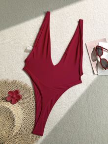 SHEIN Swim Springbreak 女士海滩装，连体性感深 V 领高开露背泳衣 - 紅色 - 查看 2