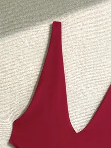 SHEIN Swim Springbreak 女士海滩装，连体性感深 V 领高开露背泳衣 - 紅色 - 查看 3