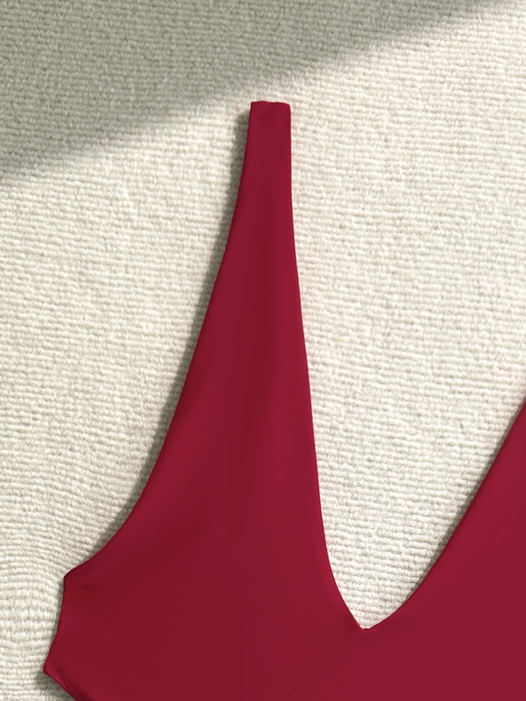 SHEIN Swim Springbreak Beach Outfit For Women, One-Piece Sexy Deep V-Neck High Cut Open Back Swimsuit For Summer Beach Vacation - Red - View 3