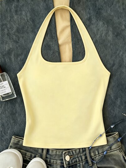 Casual Halter Neck Tank Top, Suitable For Summer Mothers Day Outfit Graduation Summer Tops