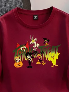 LOONEY TUNES X SHEIN Daypath 男士圓領純色字母卡通印花短袖時尚休閒T恤 - 酒紅色 - 查看 2