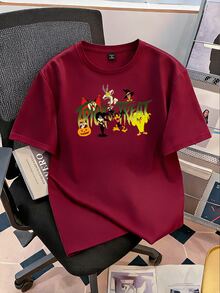 LOONEY TUNES X SHEIN Daypath 男士圓領純色字母卡通印花短袖時尚休閒T恤 - 酒紅色 - 查看 1