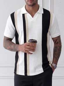 HUEFORM Men's  Old Money  Loose Fit  Polo Shirts ,Textured Fabric With A Striped, Color-Block Print,Suitable For Everyday Wear, Whether At Home - White - View 4