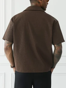 HUEFORM Men's Old Money Zipper Pocket PU Leather Casual Cropped Loose Fit Shirt,A Must-Have For A Stylish When Heading Out For Men - Brown - View 2