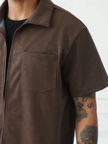 HUEFORM Men's Old Money Zipper Pocket PU Leather Casual Cropped Loose Fit Shirt,A Must-Have For A Stylish When Heading Out For Men - Brown - View 7