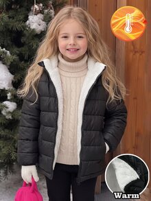 Elladie kids 1pc Young Girls' Black Solid Color Stand Collar White Polar Fleece Lining Zipper Long Sleeve Coat Real Pockets Solid Color Outerwear Autumn/Winter - Black - View 10