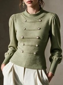 Omancia Sweater Wanita Gaya Napoleon Kerah Bulat dengan Dekorasi Kancing dan Lengan Lentera, Outfit Pesta Warna Navy - Hijau - View 1