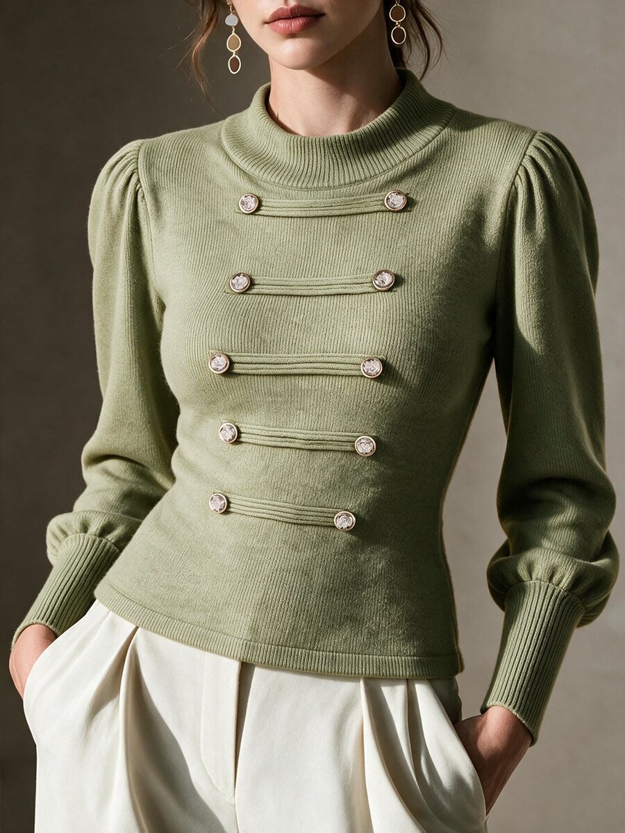 Omancia Sweater Wanita Gaya Napoleon Kerah Bulat dengan Dekorasi Kancing dan Lengan Lentera, Outfit Pesta Warna Navy - Hijau - View 1