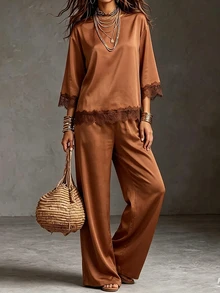 SHEIN Women's Premium Elegant Coffee-Colored Satin Two Pieces Set, Top With Lace Patchwork Hem And Batwing Sleeve Design, Loose Drape Wide-Leg Pants - Brown - View 6