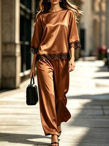 SHEIN Women's Premium Elegant Coffee-Colored Satin Two Pieces Set, Top With Lace Patchwork Hem And Batwing Sleeve Design, Loose Drape Wide-Leg Pants - Brown - View 1