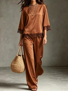 SHEIN Women's Premium Elegant Coffee-Colored Satin Two Pieces Set, Top With Lace Patchwork Hem And Batwing Sleeve Design, Loose Drape Wide-Leg Pants - Brown - View 3