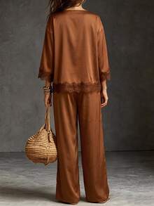 SHEIN Women's Premium Elegant Coffee-Colored Satin Two Pieces Set, Top With Lace Patchwork Hem And Batwing Sleeve Design, Loose Drape Wide-Leg Pants - Brown - View 2