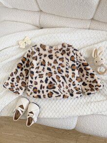 SHEIN Playful Pals 女嬰人造毛皮外套 甜美優雅 棕色豹紋 蝴蝶結 毛絨絨 長袖圓領 生日派對 冬季假期 外套 - 棕色 - 查看 3