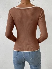 SHEIN Autumn Casual Colorblock Trim Fitted Sweater - Brown - View 2