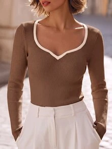 SHEIN Autumn Casual Colorblock Trim Fitted Sweater - Brown - View 3