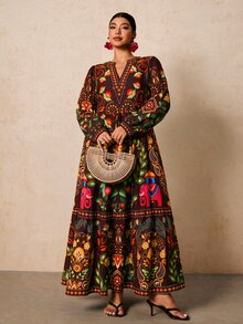 Travachic 大尺碼女款長袖洋裝，波希米亞花卉印花，休閒度假風，秋季款 - 彩色 - 查看 5