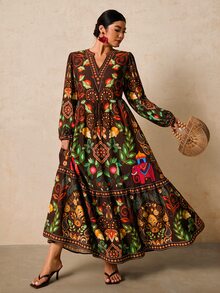 Travachic 大尺碼女款長袖洋裝，波希米亞花卉印花，休閒度假風，秋季款 - 彩色 - 查看 6