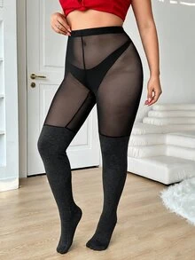 SHEIN Tall CURVE 情人節大碼黑色連褲襪，防滑大腿高筒襪，黑色網格拼接款 - 深灰色 - 查看 4