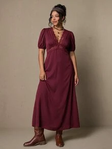 Freevana Women's Elegant French Style | Black Knit Deep V-Neck Lace Trim Puff Sleeve Maxi - Burgundy - View 6