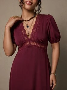 Freevana Women's Elegant French Style | Black Knit Deep V-Neck Lace Trim Puff Sleeve Maxi - Burgundy - View 3