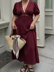 Freevana Women's Elegant French Style | Black Knit Deep V-Neck Lace Trim Puff Sleeve Maxi - Burgundy - View 11