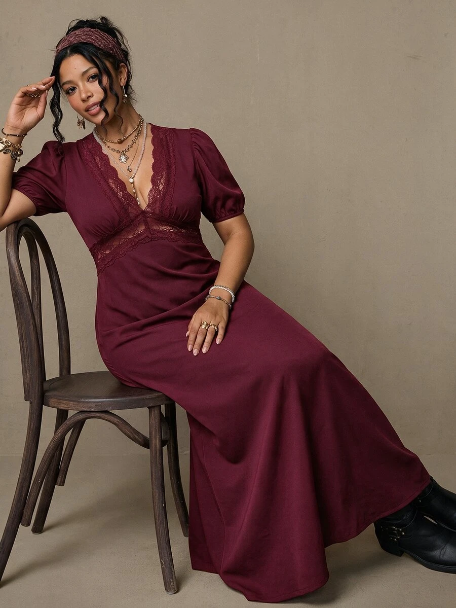 Freevana Women's Elegant French Style | Black Knit Deep V-Neck Lace Trim Puff Sleeve Maxi - Burgundy - View 1