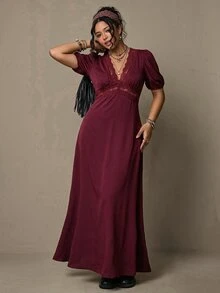 Freevana Women's Elegant French Style | Black Knit Deep V-Neck Lace Trim Puff Sleeve Maxi - Burgundy - View 7