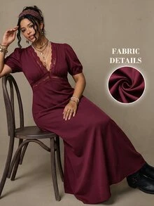 Freevana Women's Elegant French Style | Black Knit Deep V-Neck Lace Trim Puff Sleeve Maxi - Burgundy - View 13