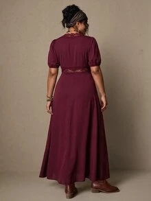 Freevana Women's Elegant French Style | Black Knit Deep V-Neck Lace Trim Puff Sleeve Maxi - Burgundy - View 2