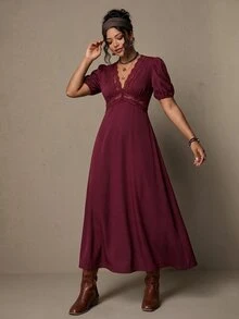 Freevana Women's Elegant French Style | Black Knit Deep V-Neck Lace Trim Puff Sleeve Maxi - Burgundy - View 8