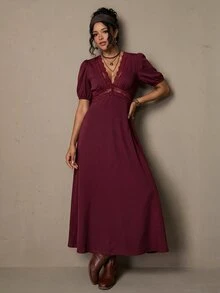 Freevana Women's Elegant French Style | Black Knit Deep V-Neck Lace Trim Puff Sleeve Maxi - Burgundy - View 5