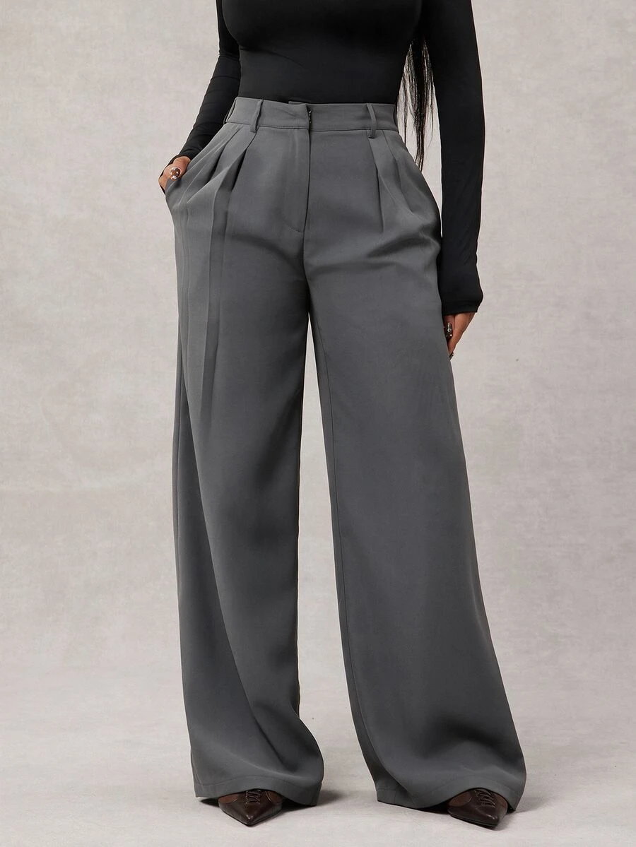 SHEIN Tall CURVE Plus Size Women Solid Color Pleated Casual Versatile Daily Wear Long Pants - Dark Grey - View 1