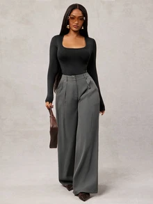 SHEIN Tall CURVE Plus Size Women Solid Color Pleated Casual Versatile Daily Wear Long Pants - Dark Grey - View 5