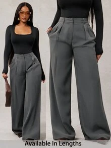 SHEIN Tall CURVE Plus Size Women Solid Color Pleated Casual Versatile Daily Wear Long Pants - Dark Grey - View 7