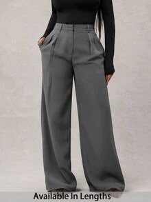 SHEIN Tall CURVE Plus Size Women Solid Color Pleated Casual Versatile Daily Wear Long Pants - Dark Grey - View 3