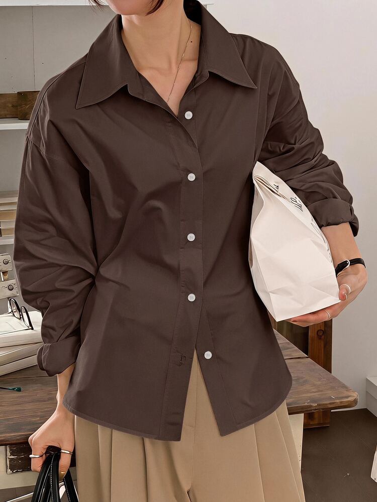 DAZY Women's Striped Collared Slim Fit Blouse, Business Casual, Blue, Spring Summer Autumn Long Sleeve Tops - Coffee Brown - View 4