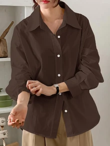 DAZY 女款條紋領修身襯衫，商務休閒風，藍色，春夏秋長袖上衣 - 咖啡棕 - 查看 5