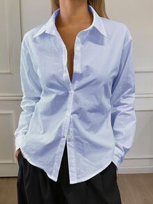 DAZY Solid Color Fitted Waist Long Sleeve Lapel Elegant Formal Spring/Summer Blouse For Women Fall - Blue - View 6