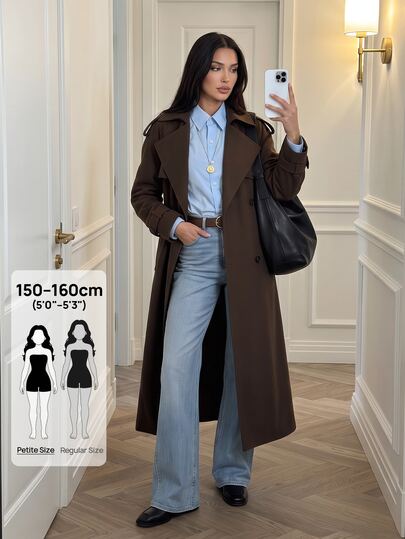 SHEIN PETITE Áo khoác trench dáng dài nữ màu nâu đậm phong cách Anh, hai hàng cúc, có dây buộc, ve áo, cho mùa thu/đông