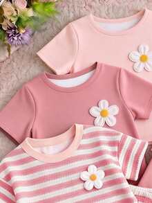3pcs Baby Girl Floral Decoration Short-Sleeved Tee, For Casual Everyday Wear 3 PIECES SET - White - View 6