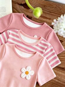 3pcs Baby Girl Floral Decoration Short-Sleeved Tee, For Casual Everyday Wear 3 PIECES SET - White - View 5