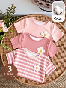 3pcs Baby Girl Floral Decoration Short-Sleeved Tee, For Casual Everyday Wear 3 PIECES SET - White - View 4