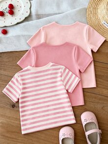 3pcs Baby Girl Floral Decoration Short-Sleeved Tee, For Casual Everyday Wear 3 PIECES SET - White - View 2