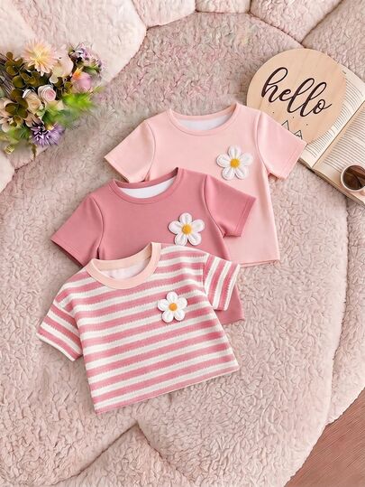 3pcs Baby Girl Floral Decoration Short-Sleeved Tee, For Casual Everyday Wear 3 PIECES SET