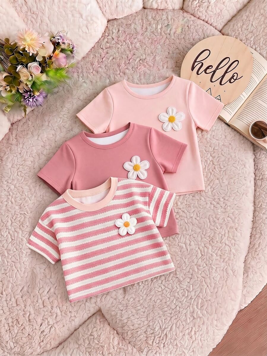 3pcs Baby Girl Floral Decoration Short-Sleeved Tee, For Casual Everyday Wear 3 PIECES SET - White - View 1