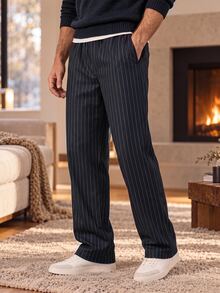 Manfinity CasualKnits Men's Striped Straight Leg Elastic Waist Pants With Pockets - Black - View 3