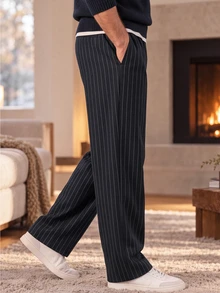 Manfinity CasualKnits Men's Striped Straight Leg Elastic Waist Pants With Pockets - Black - View 5