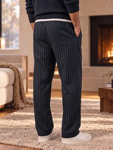 Manfinity CasualKnits Men's Striped Straight Leg Elastic Waist Pants With Pockets - Black - View 2